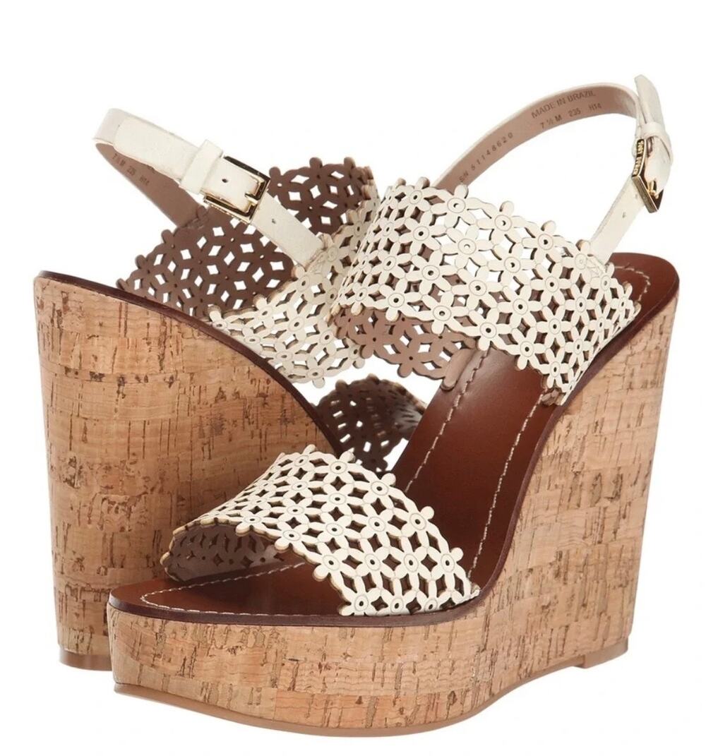 TORY BURCH DAISY Floral Perforated Platform Sandal Wedge Sandal Cream Sz 10